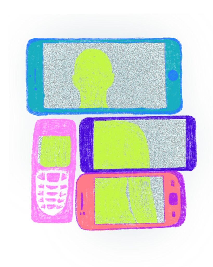 Violencia digital. Las pantallas de cinco dispositivos móviles al unirse forman la silueta de un hombre.