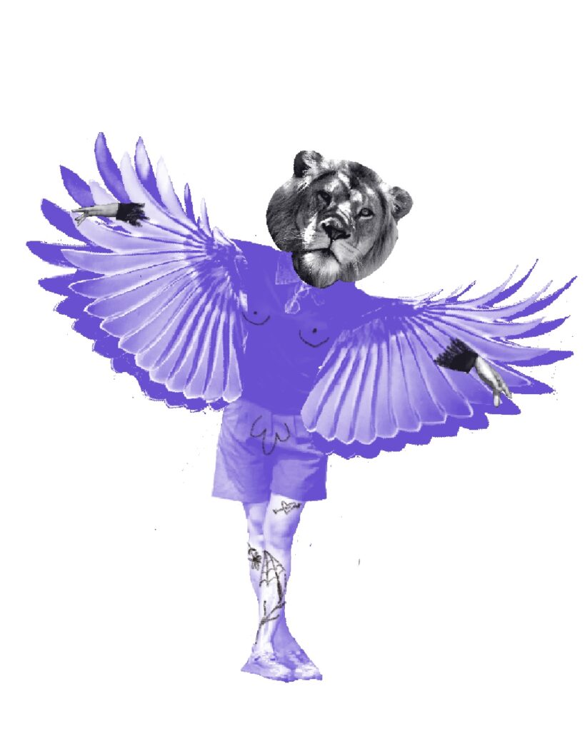 Un cuerpo humano con con alas y cabeza de león