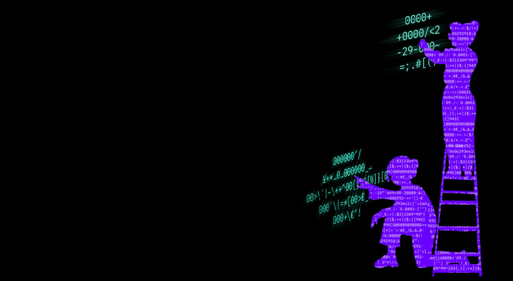 Fondo negro. Al extremo derecho dos silutas humanas escriben código sobre el lienzo negro de fondo